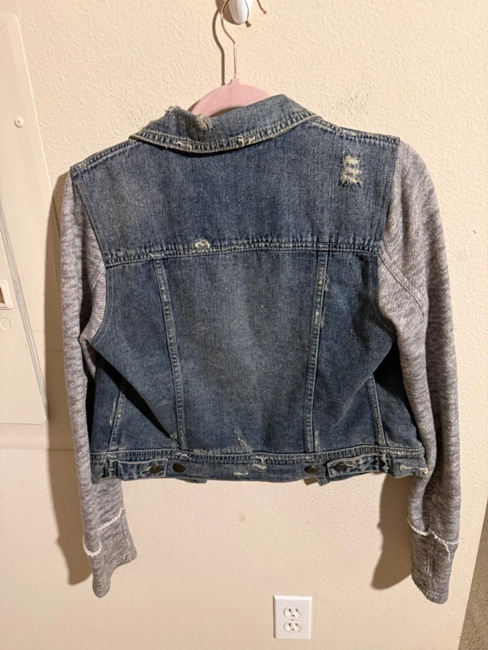 Free People Distressed Denim Knit Sleeve Jacket Blue Gray Hybrid Trucker - Picture 3 of 10